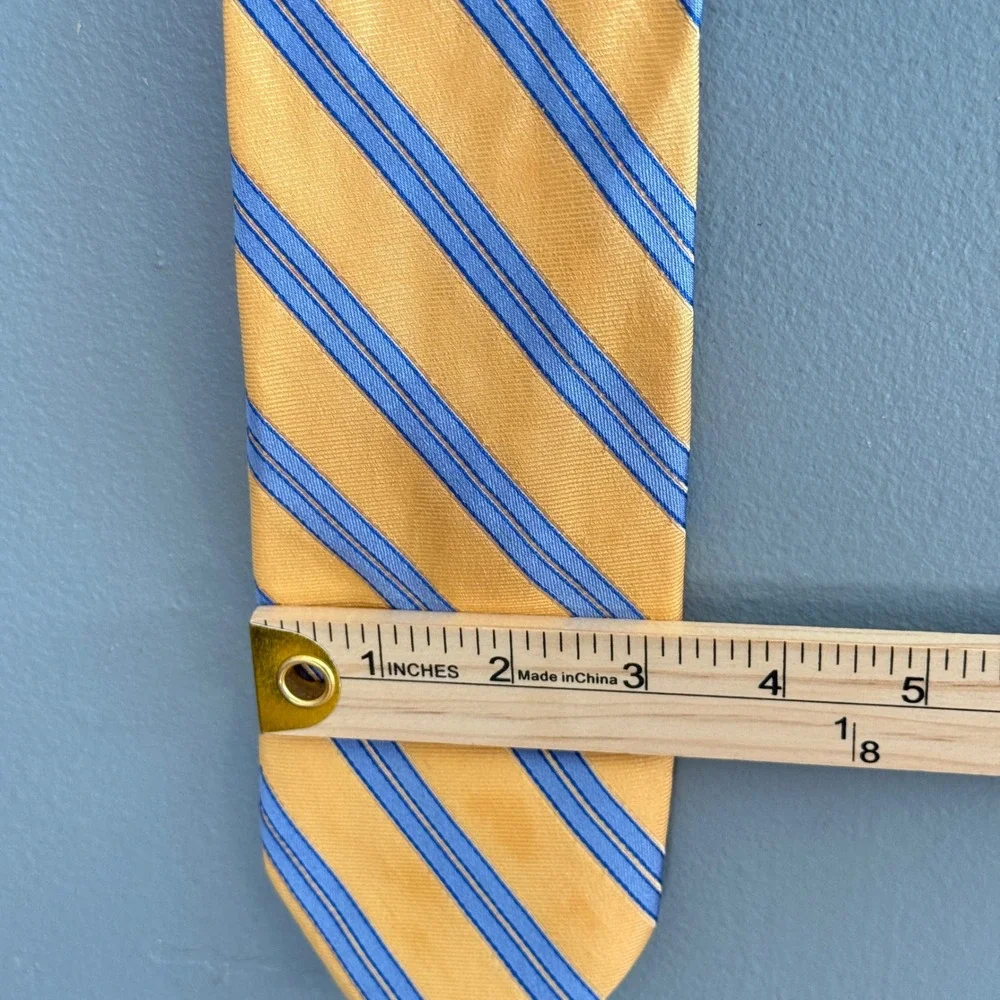 Vtg Barneys New York 100%‎ Silk Regimental Stripe Tie Yellow Blue Handmade Italy